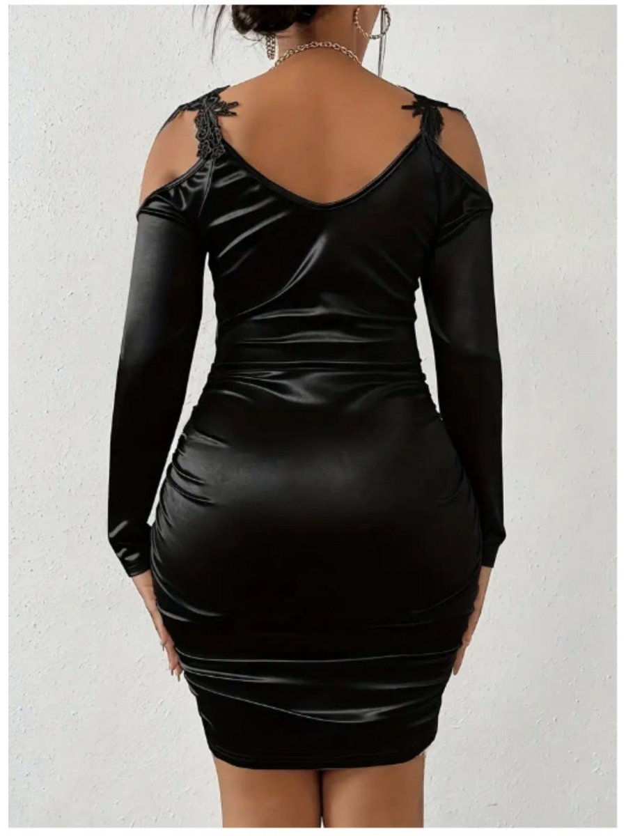 Elegant black satin V-neck lace bodycon dress for women with long sleeves, slim fit, and pleated skirt by SHOWLU FASHION.