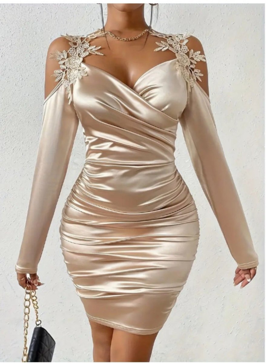 Elegant black satin V-neck lace bodycon dress for women, featuring lace shoulder straps and long sleeves, slim fit design.