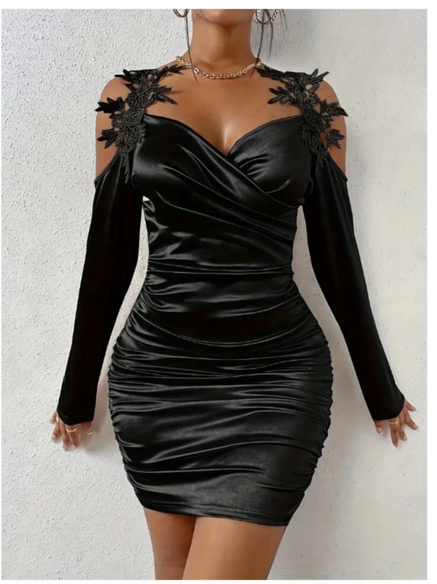 Elegant black satin women's bodycon dress with lace shoulder straps, V-neck, long sleeves, and slim fit for sophisticated style.
