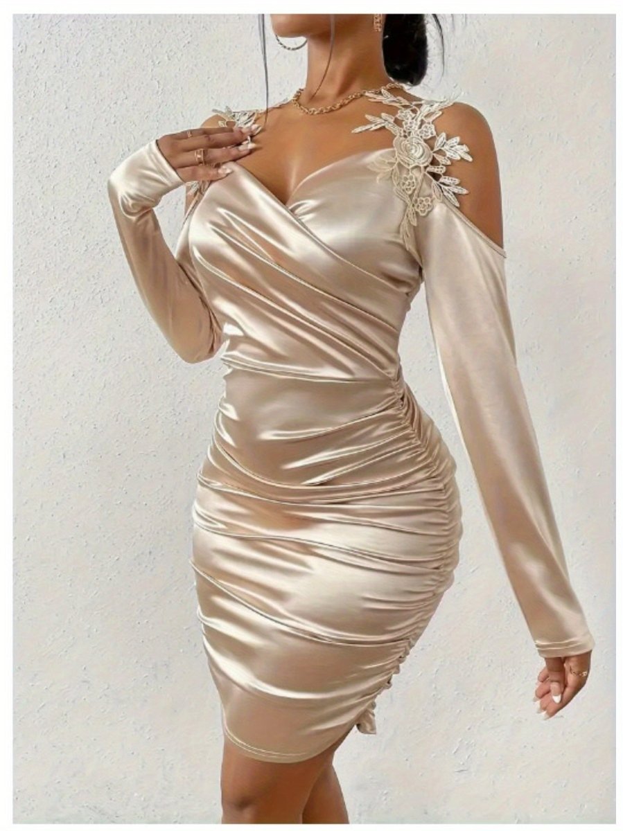 Elegant black satin women's bodycon dress with lace shoulder straps, V-neck, long sleeves, and a slim-fit pleated skirt.