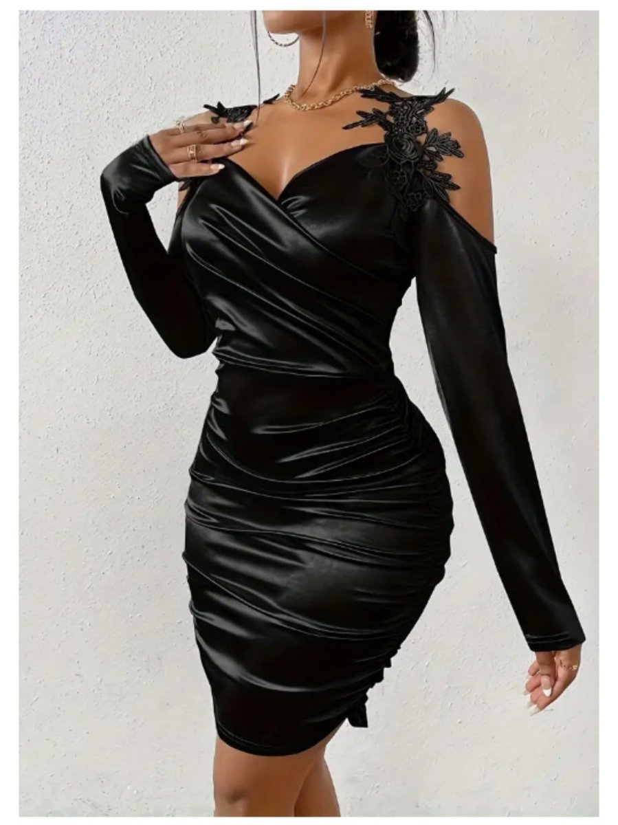 Elegant black satin women's bodycon dress with lace shoulder straps, V-neck, long sleeves, and a slim-fit pleated skirt by SHOWLU FASHION.