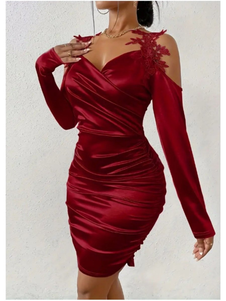 Elegant black satin V-neck lace bodycon dress for women, featuring lace shoulder straps, long sleeves, and a slim-fit pleated skirt.
