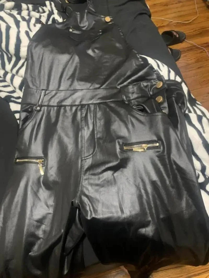 Elegant women's PU leather square neck sleeveless jumpsuit with buckle zipper, slim fit and shoulder straps for a stylish look.