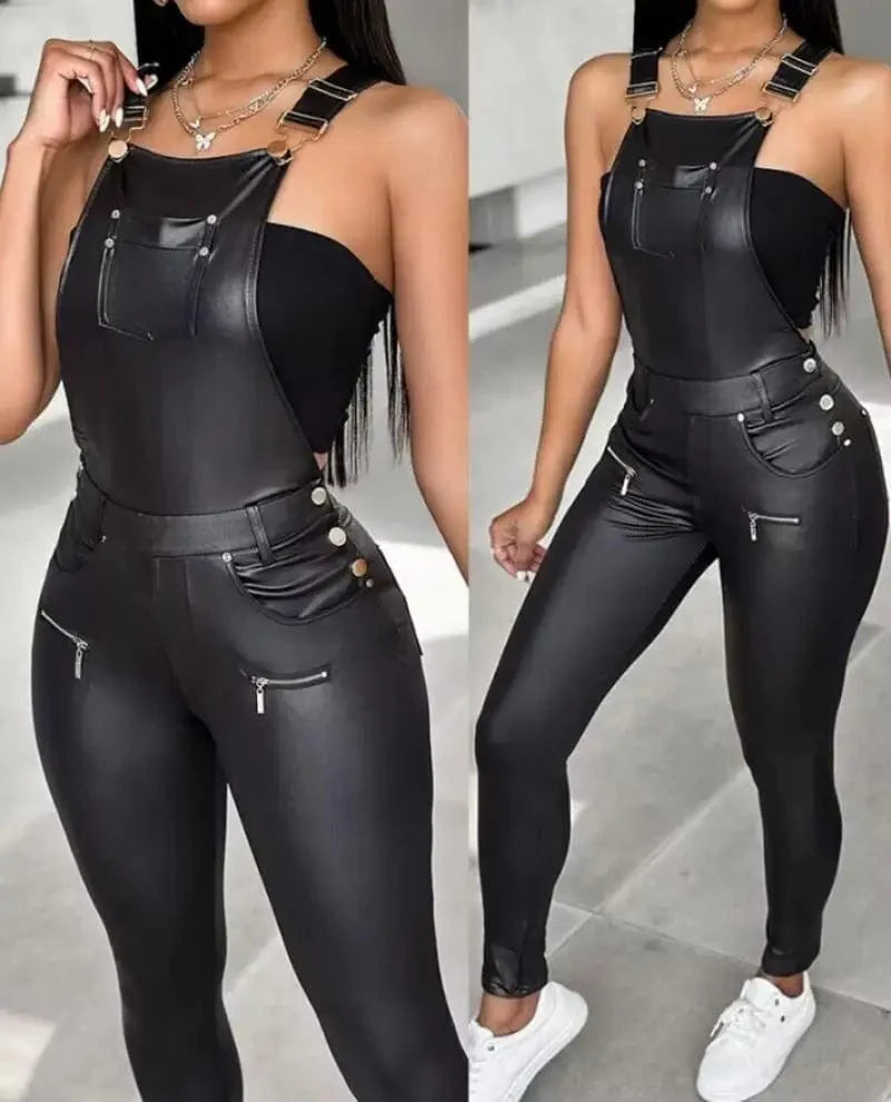 Elegant women's black PU leather square neck jumpsuit with sleeveless design and buckle zipper, showcasing a sleek, bodycon fit.