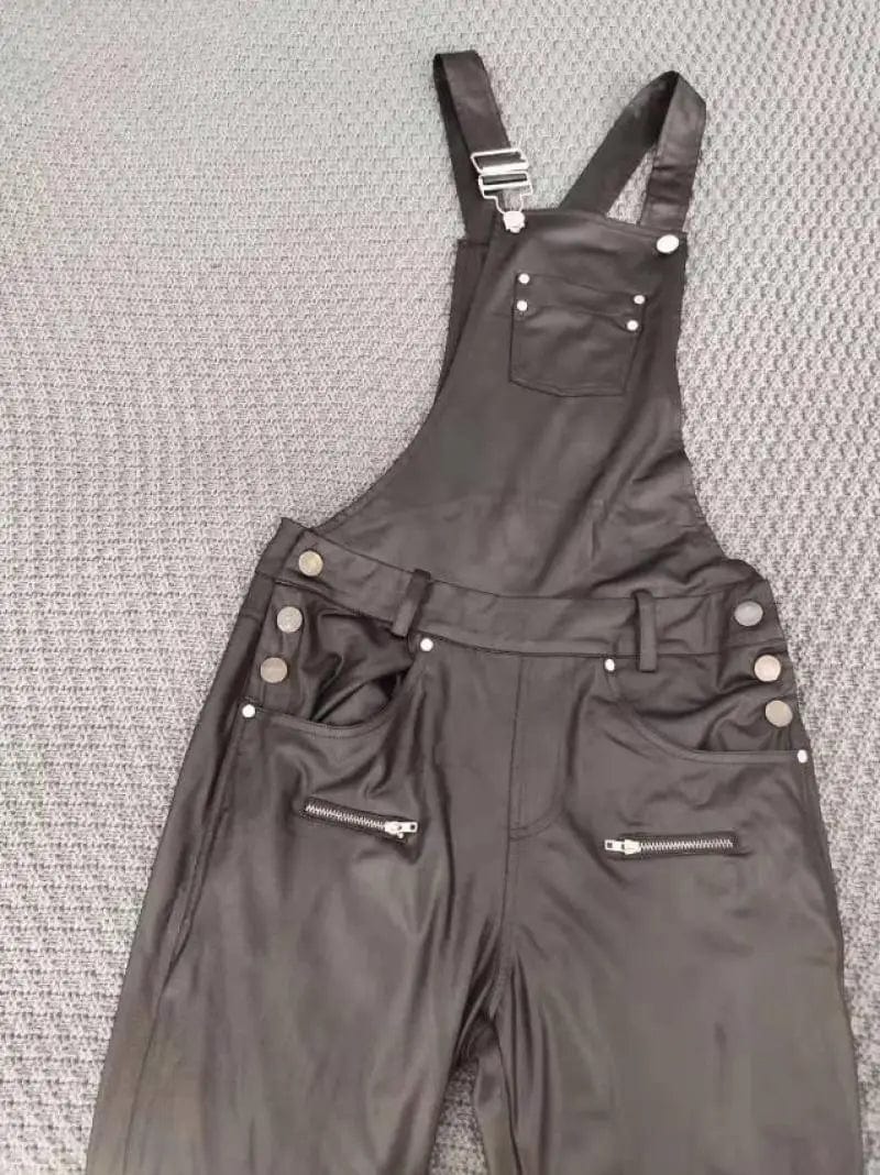 Elegant women's PU leather jumpsuit with square neckline, sleeveless design, and bodycon fit, featuring buckles and zipper details.