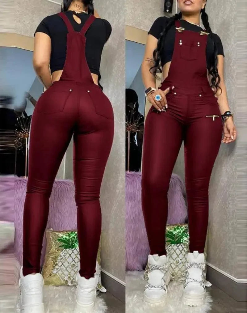 Elegant women's black PU leather square neck jumpsuit with shoulder straps, sleeveless design, buckle zipper, and a bodycon fit.
