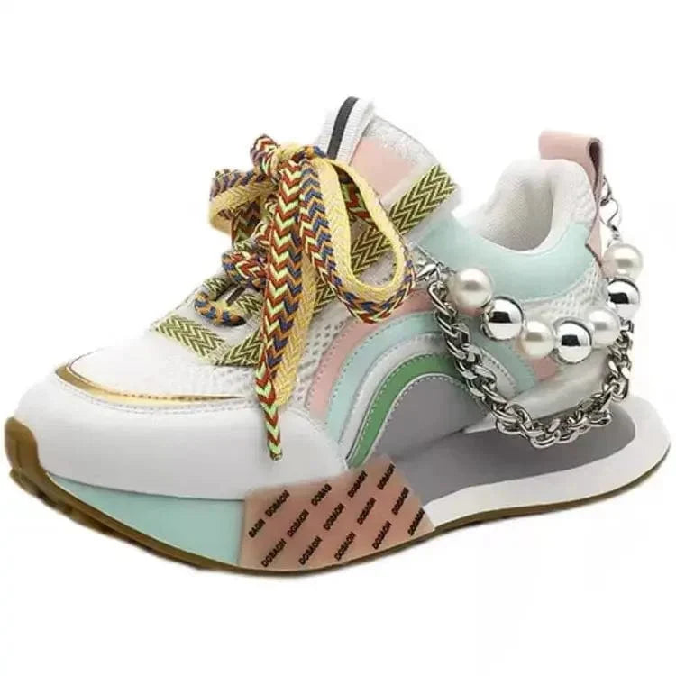 Women's Showlu Pearl Chain Platform Sneakers with lace-up design and vulcanized sole, stylish and comfortable for everyday wear.