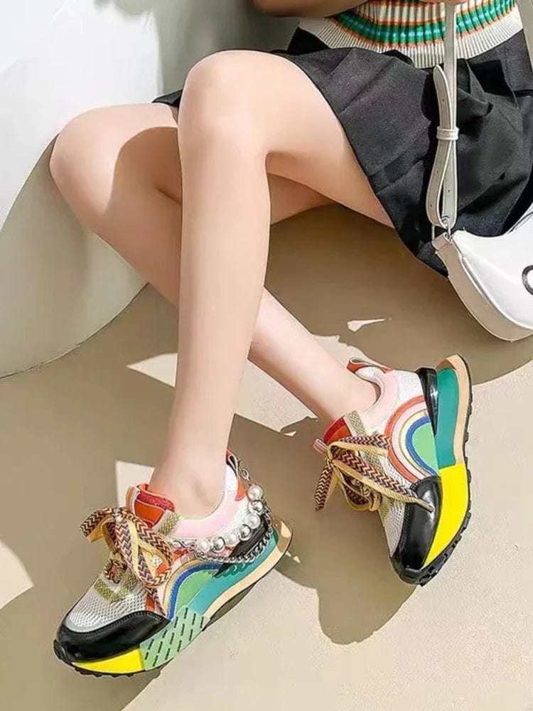 Women's Showlu Pearl Chain Platform Vulcanized Sneakers with lace-up design and stylish pearl accents for a trendy, casual look.