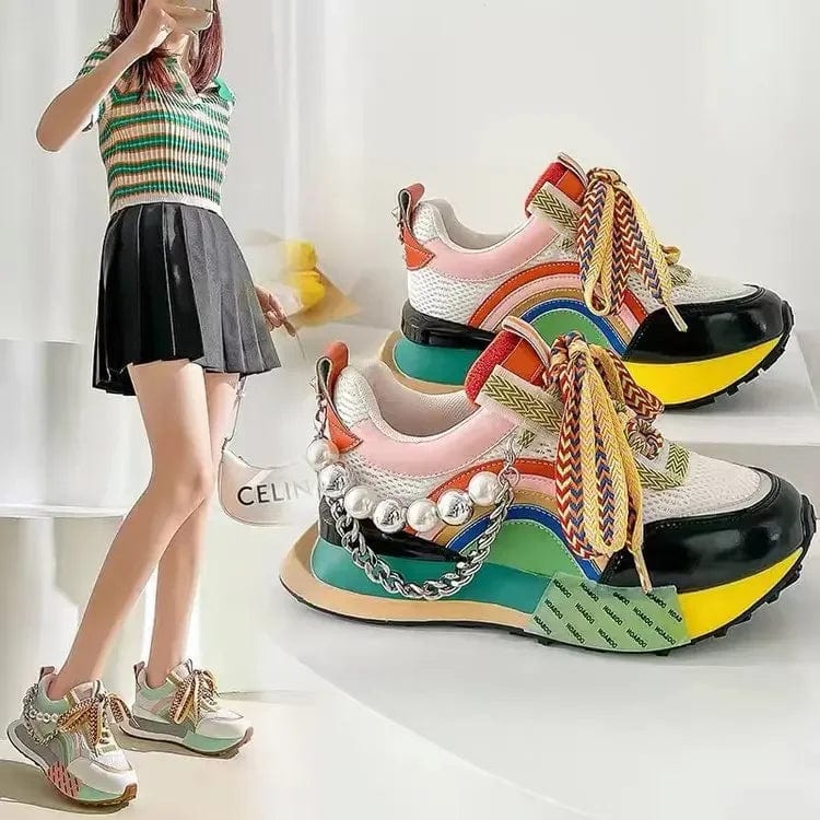Women's Showlu Pearl Chain Platform Vulcanized Sneakers with lace-up design and stylish pearl accents for a trendy, elevated look.