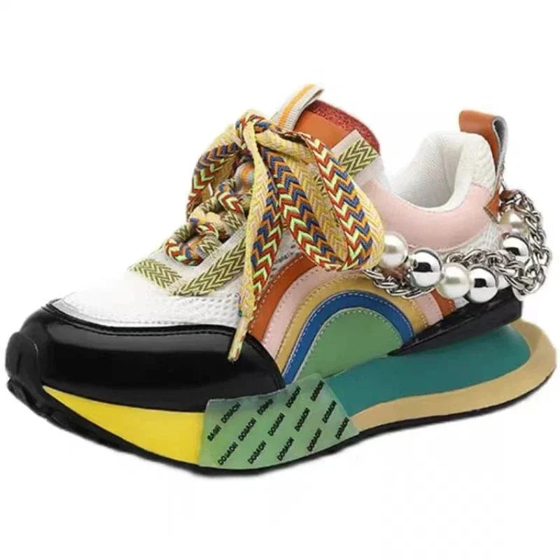 Showlu Pearl Chain Platform Vulcanized Women's Lace-up Sneakers with stylish pearl accents and a modern, elevated design.