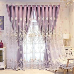 Luxury European-style purple blackout curtains with intricate white floral embroidery and lace.