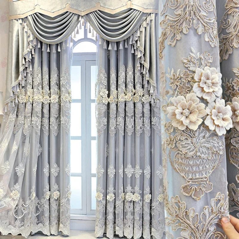 Luxury black embroidered curtains for bedroom and living room, showcasing elegant European-style blackout and tulle design.
