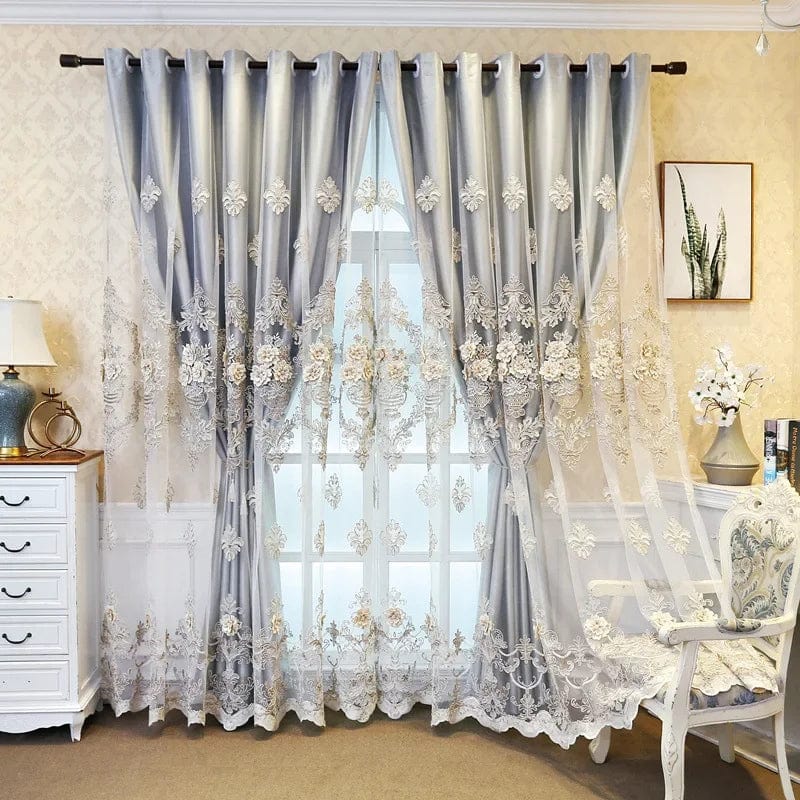 Luxury black embroidered blackout curtains for bedroom and living room by SHOWLU FASHION, featuring elegant European style.