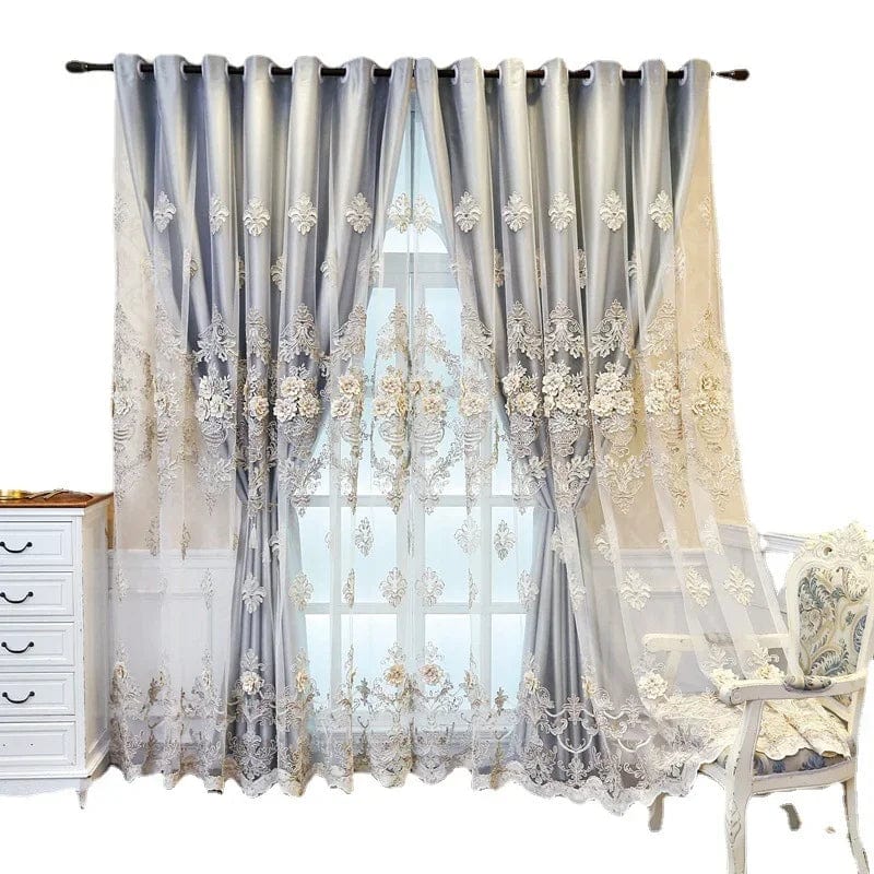 Luxury black embroidered blackout curtains for bedroom and living room, with elegant embossed design and European French style.