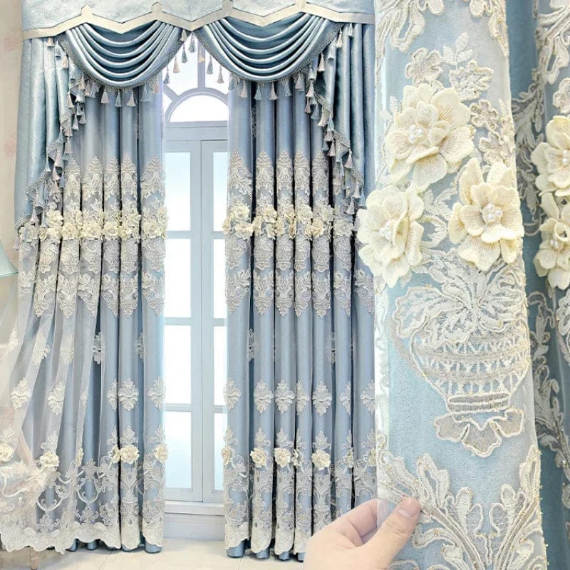 Luxury embroidered blackout curtains for bedroom and living room by SHOWLU FASHION, featuring elegant embossed design and European style.