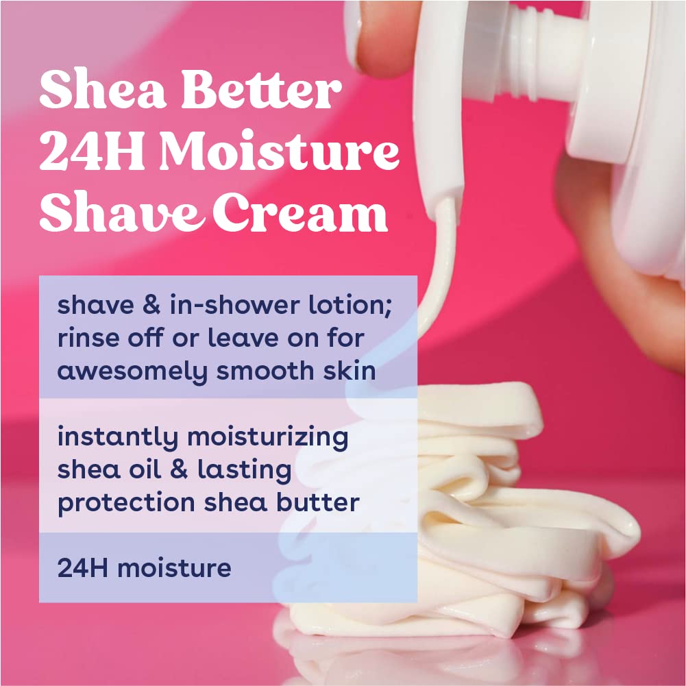 Eos Shea Better Shaving Cream in Pomegranate Raspberry, 7 fl oz, showing the creamy texture and packaging for women’s skin care.