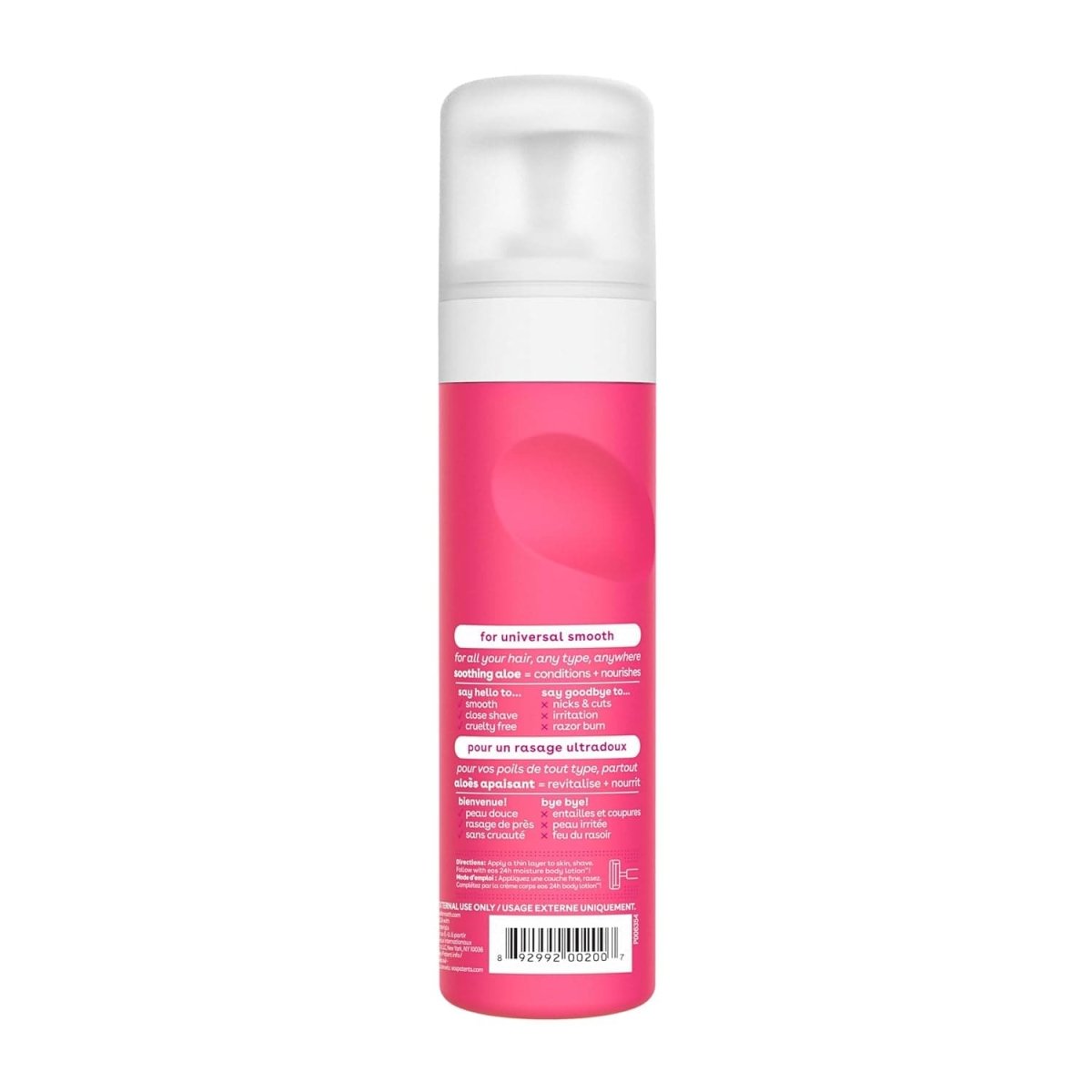 Eos Shea Better Shaving Cream in Pomegranate Raspberry, 7 fl oz, showing the creamy texture and vibrant fruit design on the packaging.
