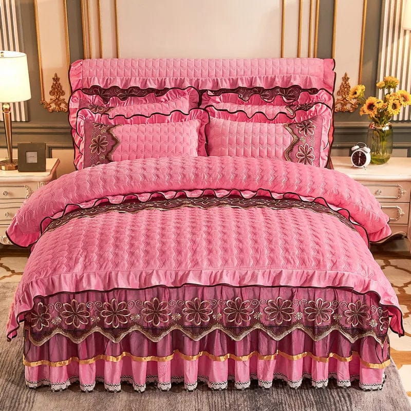 Europe Thick Velvet Quilted Bedding Set Duvet Cover 220x240 Luxury King Queen Bed Linen 2 People Bedspread Lace Ruffles Solid - SHOWLU FASHION STORE