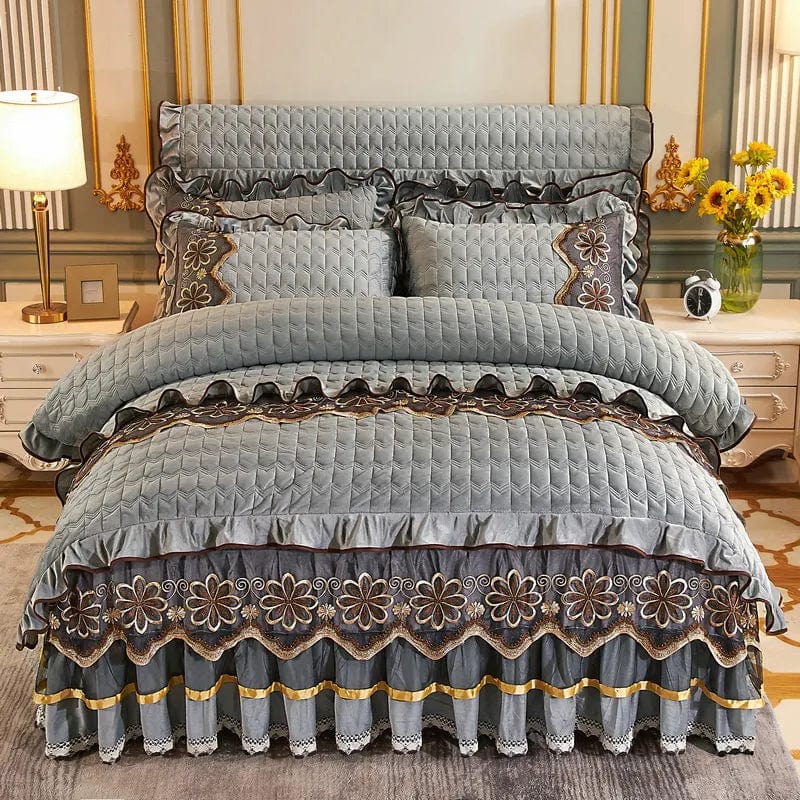 Luxury velvet quilted duvet cover set with lace ruffles in deep color, designed for king and queen beds, from SHOWLU FASHION STORE.