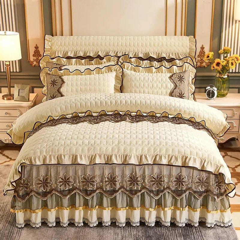 Luxury velvet quilted duvet cover set with lace ruffles in deep color, designed for king or queen beds, featuring elegant, soft bedding.