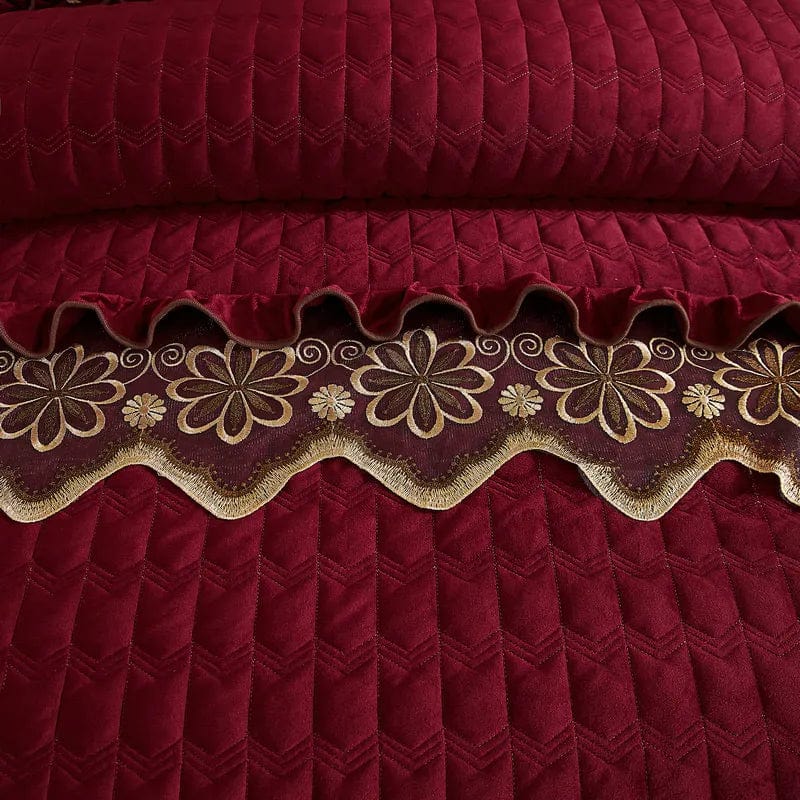 Luxury velvet quilted duvet cover set with lace and ruffles, king size bedding from SHOWLU FASHION STORE.
