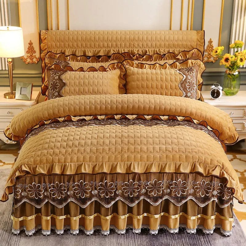 Europe Thick Velvet Quilted Bedding Set Duvet Cover 220x240 Luxury King Queen Bed Linen 2 People Bedspread Lace Ruffles Solid - SHOWLU FASHION STORE