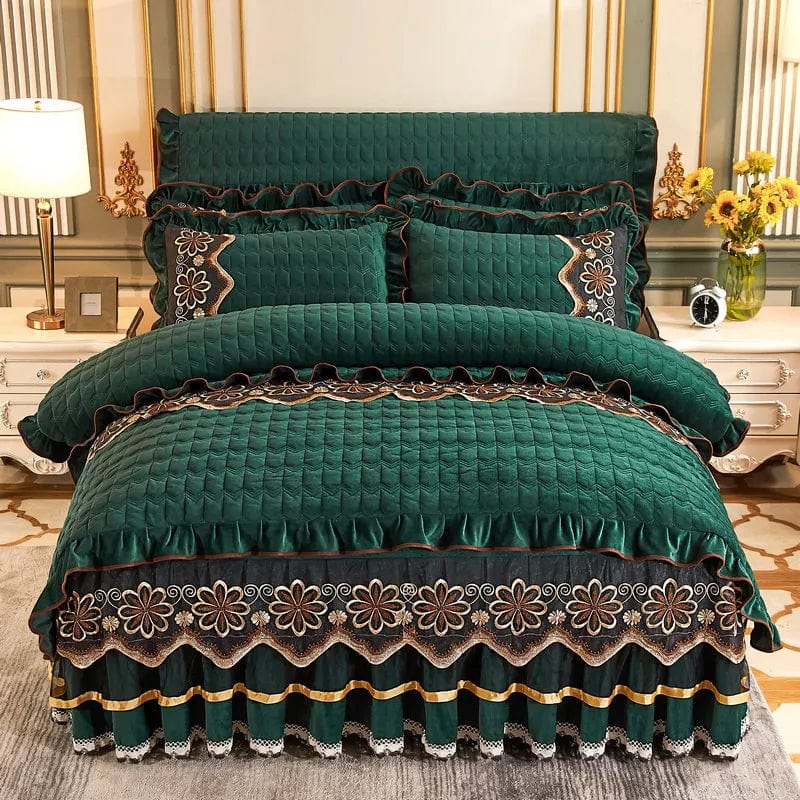 Luxury velvet quilted duvet cover set with lace ruffles, showing a soft, thick European-style bedding in a king or queen size.