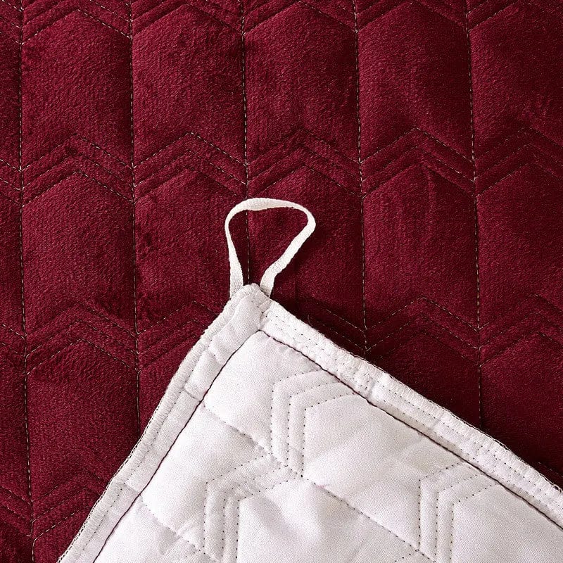 Luxury velvet quilted duvet cover set with lace ruffles, shown on a king-size bed, soft and elegant bedding by SHOWLU FASHION STORE.