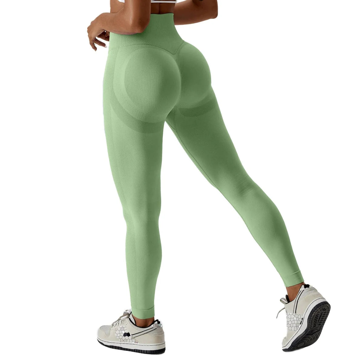 Showlu high waist seamless yoga pants with butt lifting design, black nylon fitness leggings for running, cycling, and workouts.