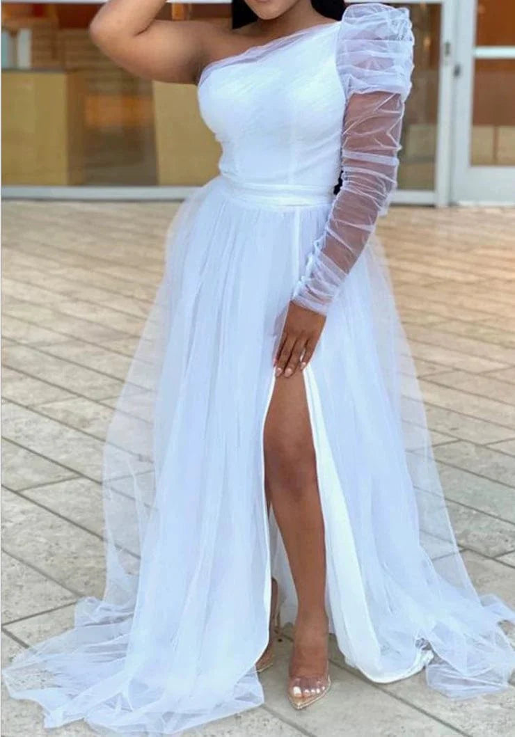 Long-sleeve mesh maxi dress with large swing hem by SHOWLU FASHION, showcasing a stylish European and American-inspired design.