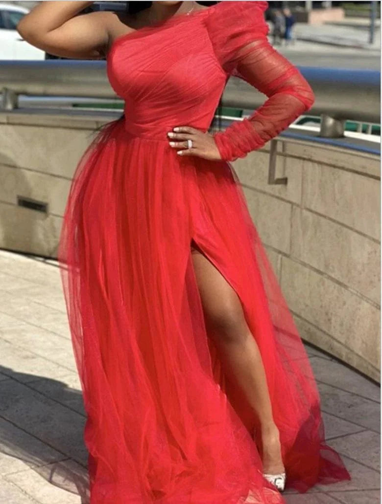 SHOWLU FASHION long-sleeve mesh maxi dress with large swing hem, European and American style, in a flowy, elegant design.