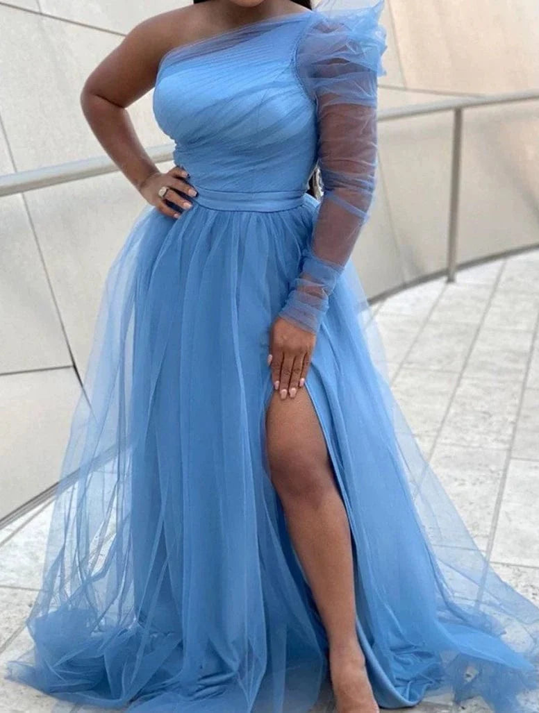 SHOWLU FASHION long-sleeve mesh maxi dress with large swing hem, European and American style, in a plus size design.