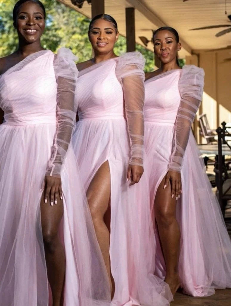 Long-sleeve mesh maxi dress with large swing hem by SHOWLU FASHION, featuring a stylish European and American-inspired design.