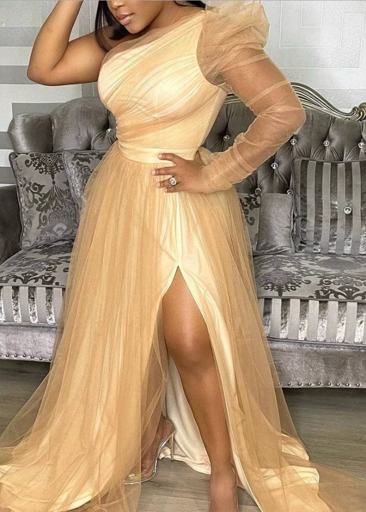Long-sleeve mesh maxi dress with large swing hem by SHOWLU FASHION, featuring a European and American style design.