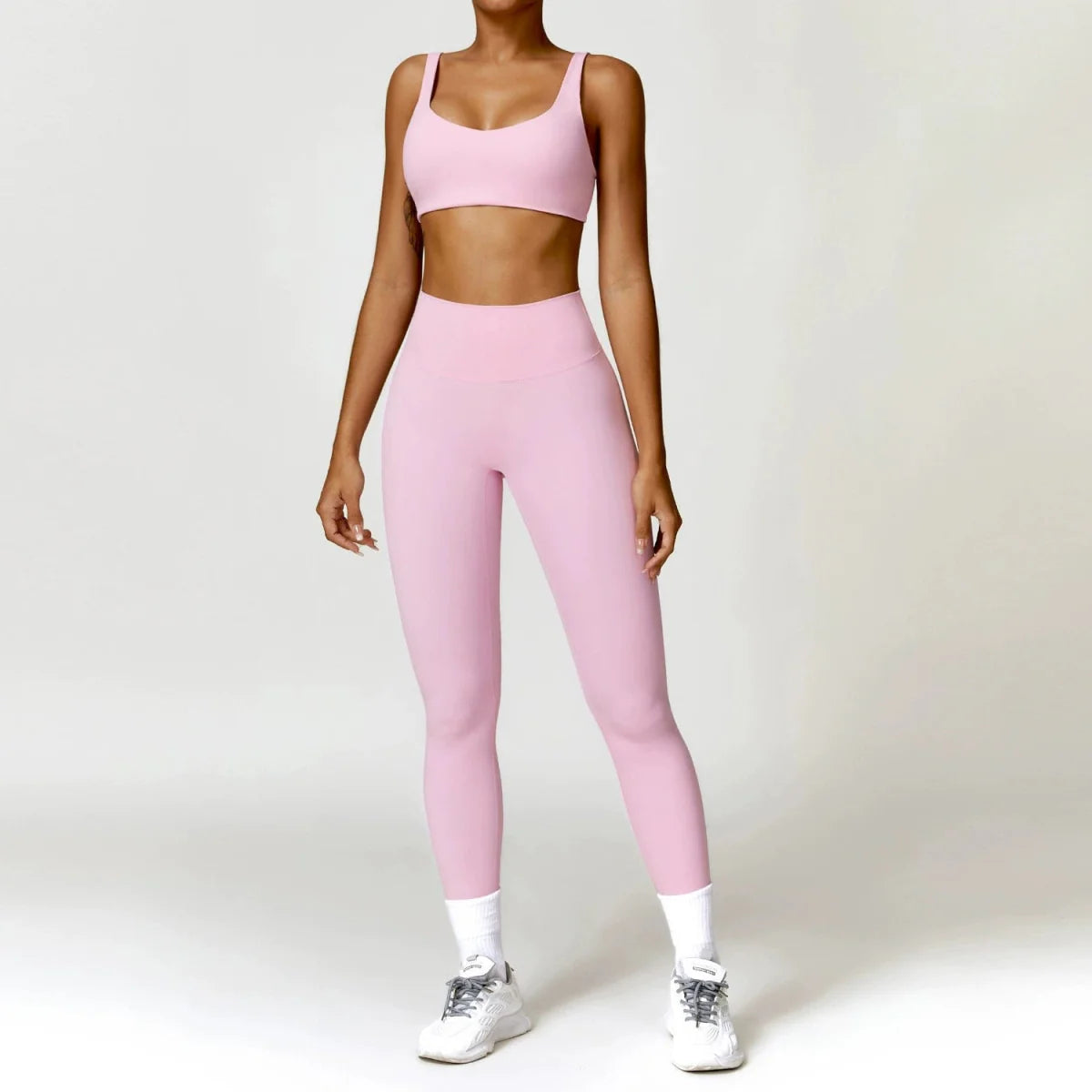 Showlu Women's Nude Feel Yoga Suit, high waist two-piece workout set with quick-drying, sanded fabric for winter workouts.
