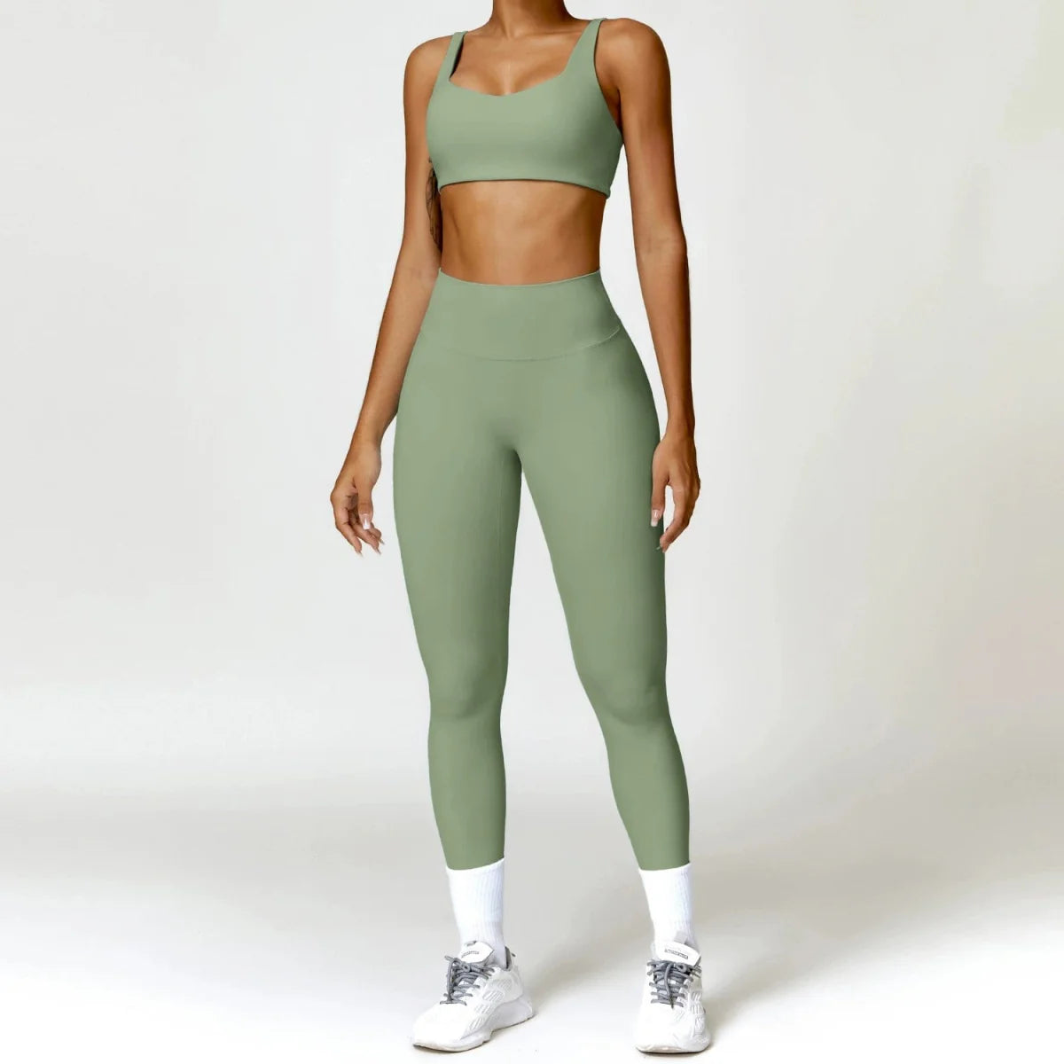 Showlu Women's Nude Feel Yoga Suit, high waist two-piece workout set with quick-drying, sanded finish for comfortable exercise.
