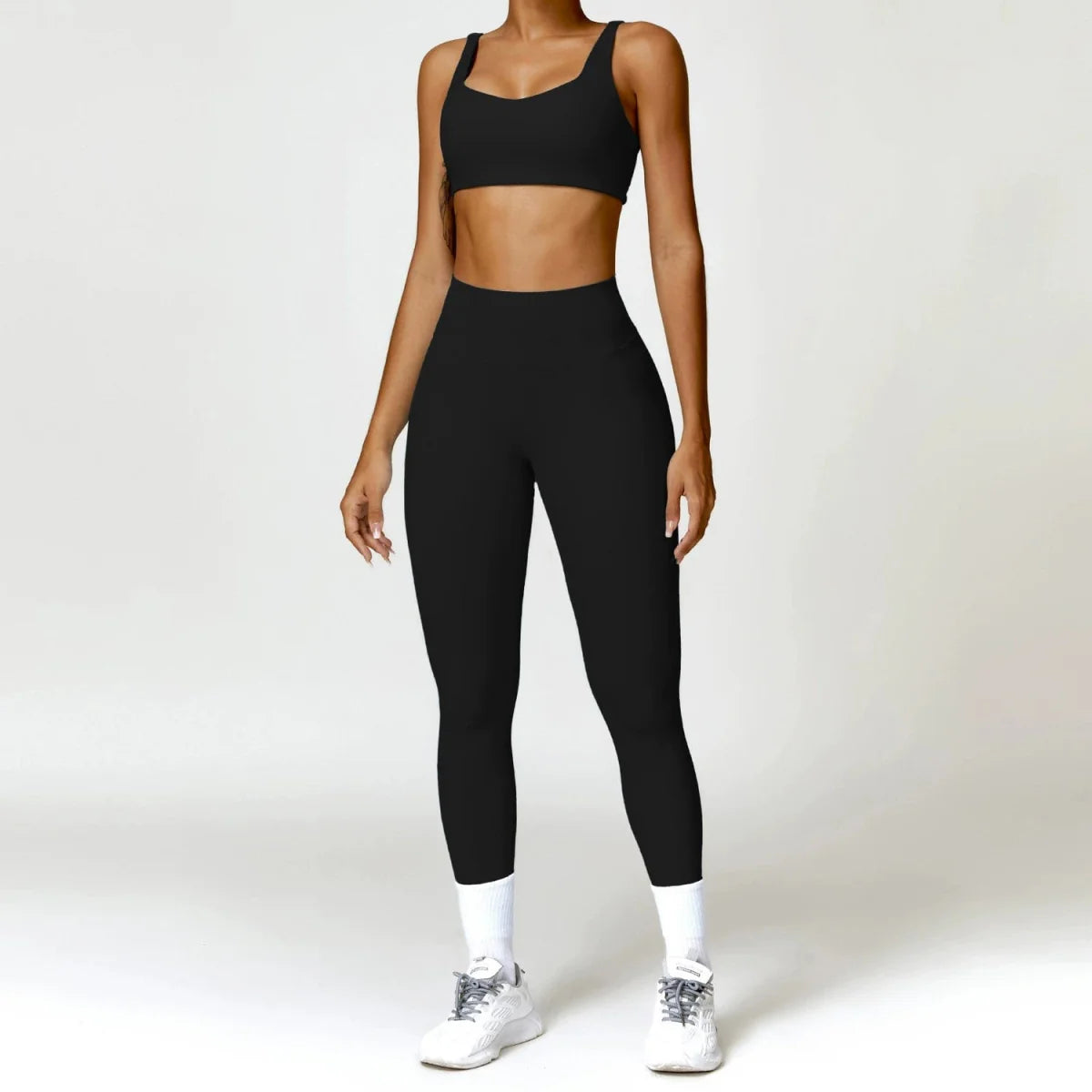 Showlu Women's Nude Feel Yoga Suit with high waist, two-piece workout set, quick-drying and sanding fabric for active exercise.