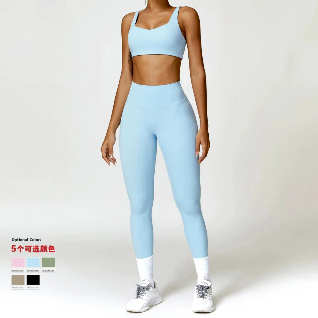 Showlu Women's Nude Feel Yoga Suit, high waist two-piece workout set with quick-drying fabric for running and training.