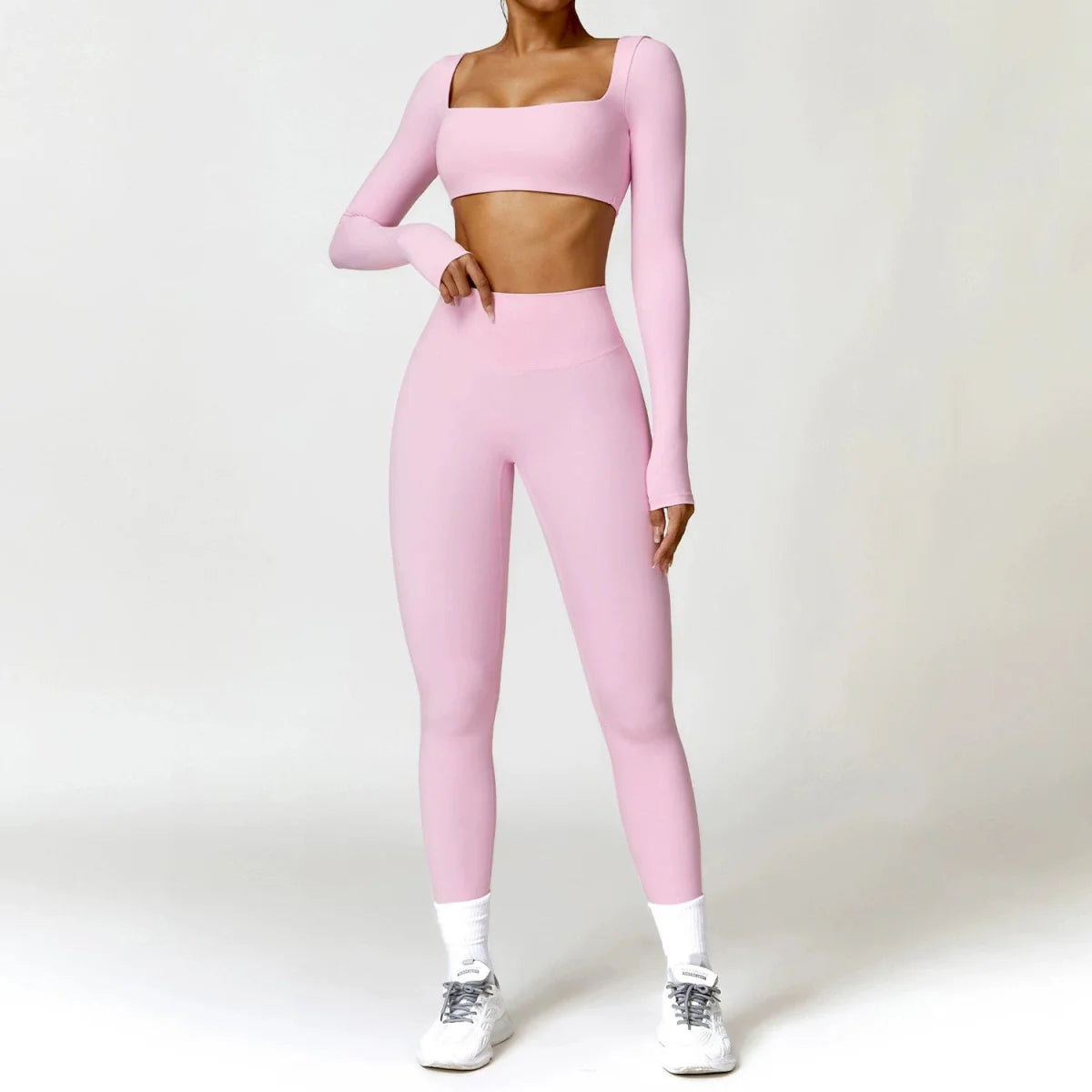 Showlu Women's nude feel yoga suit, high waist two-piece workout set with quick-drying fabric for active fitness and running.