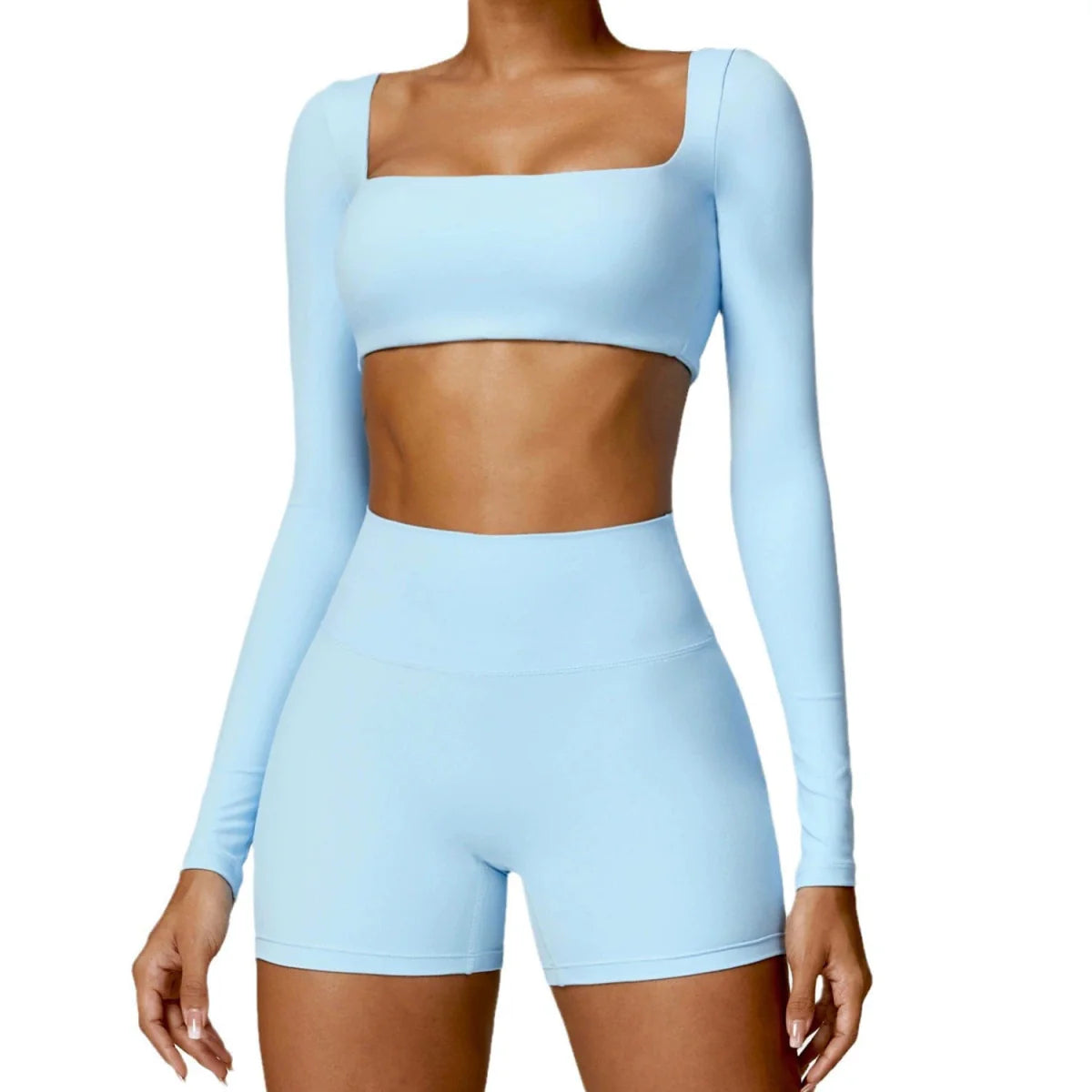 Showlu Women's Nude Feel Yoga Suit, high waist two-piece workout set with quick-drying fabric, ideal for winter sports and running.