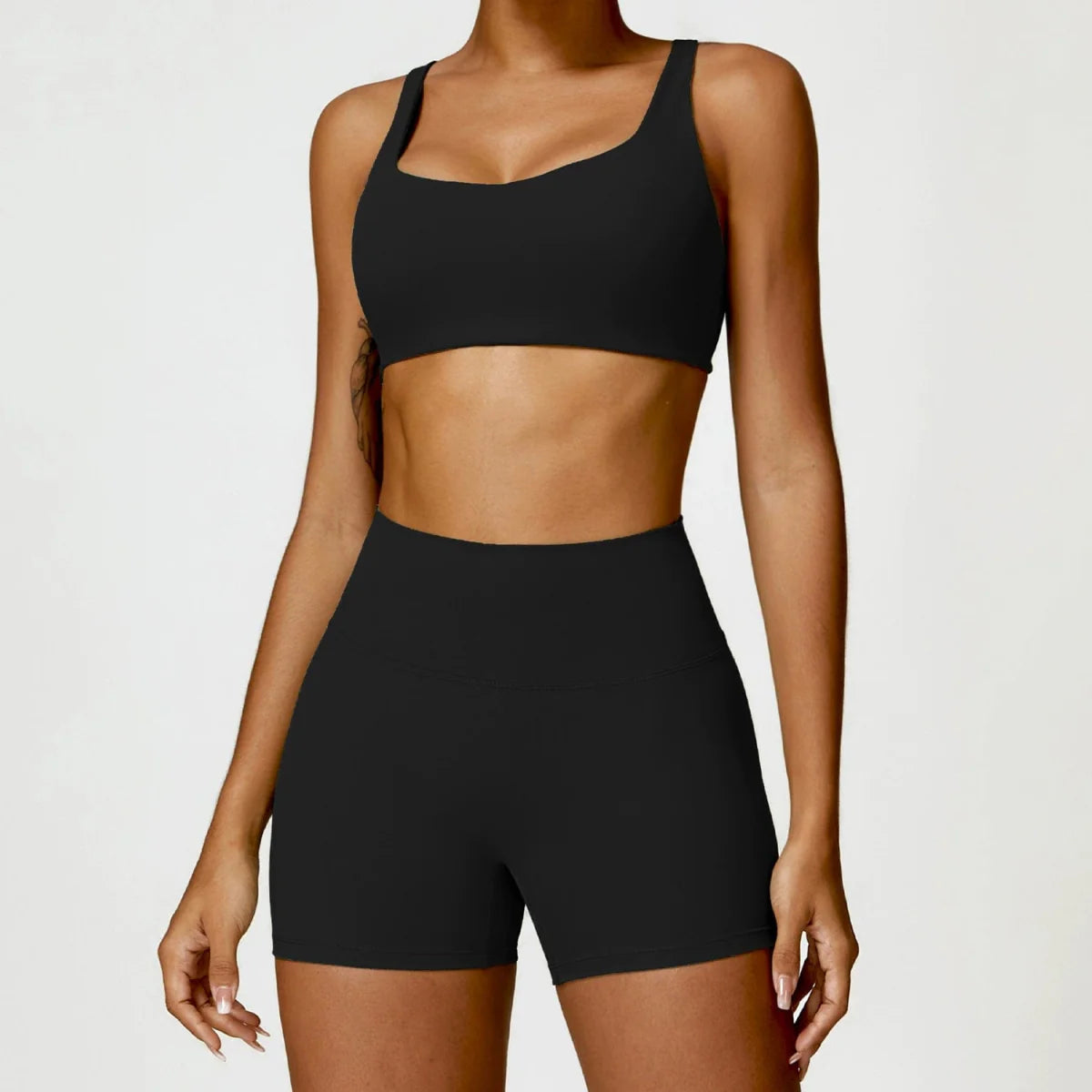 Showlu Women's Nude Feel Yoga Suit, high waist two-piece workout set with quick-drying, sanding fabric for comfortable winter exercise.