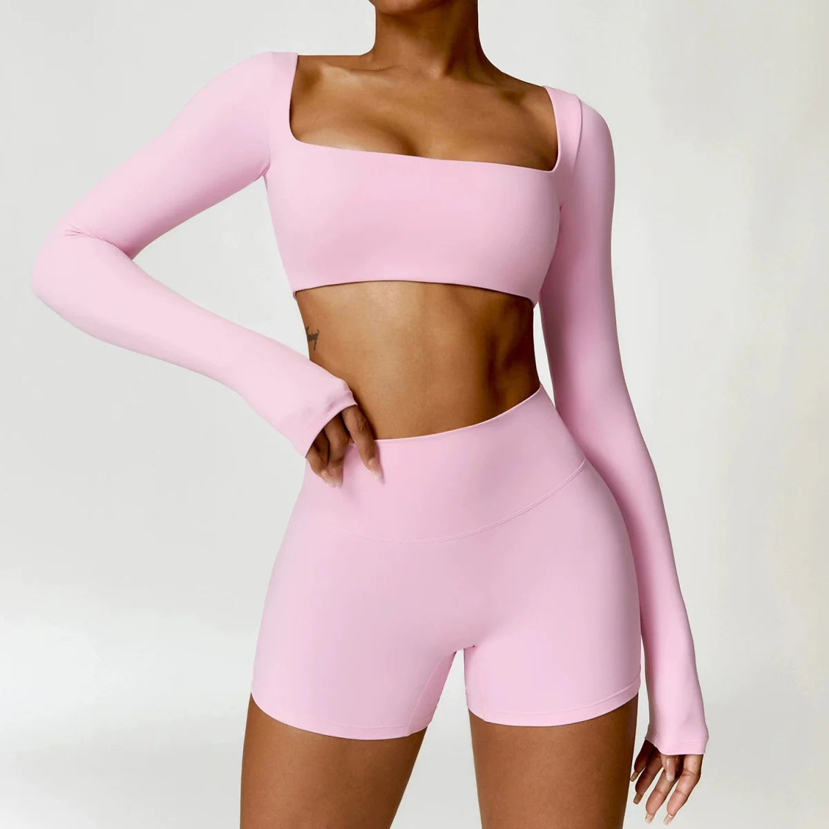 Showlu Women's Nude Feel Yoga Suit, high waist two-piece workout set with quick-drying, comfortable fabric for active exercise.