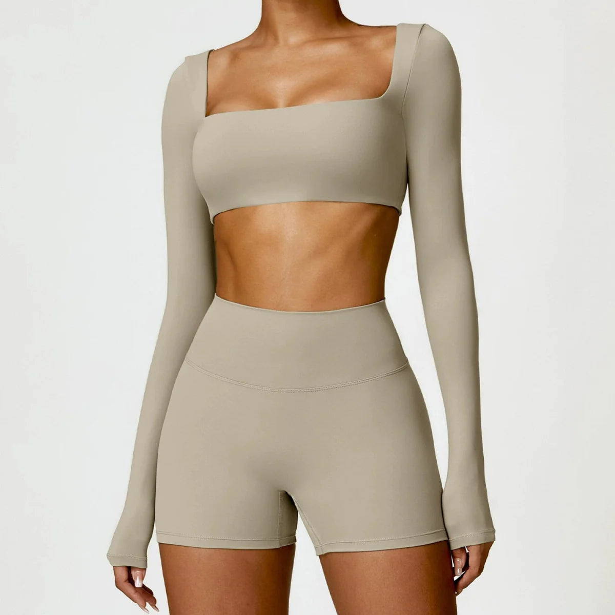 Showlu Women's nude feel yoga suit, high-waist two-piece workout set with quick-drying fabric for running and sports activities.