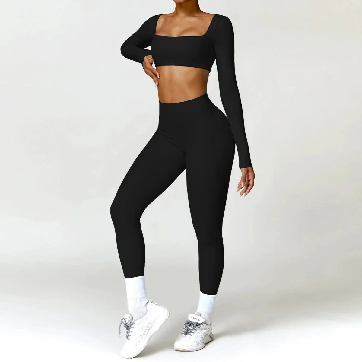 Showlu Women's Nude Feel Yoga Suit with high waist, two-piece workout set, quick-drying, sanded finish for comfortable winter exercise.