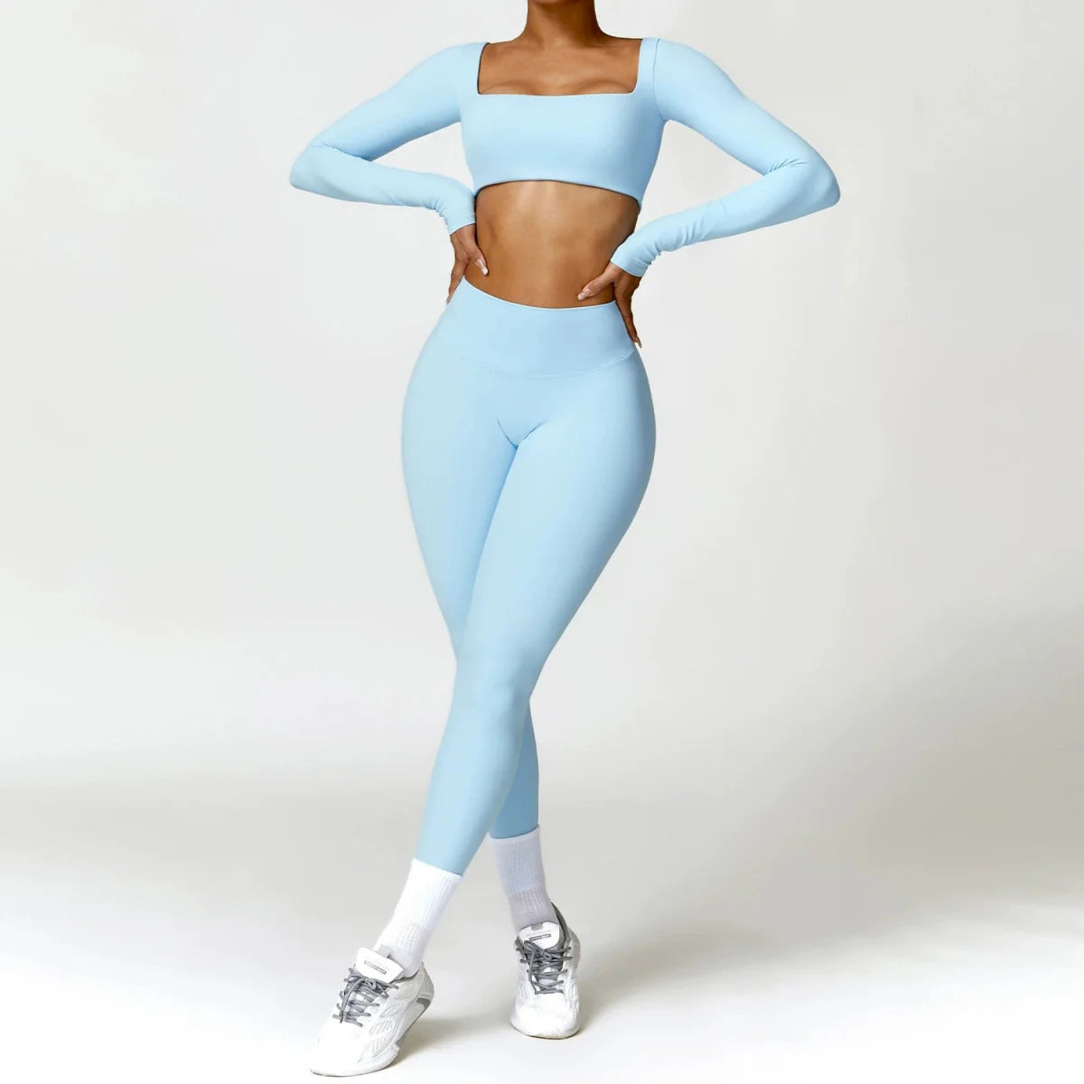 Showlu Women's Nude Feel Yoga Suit, high waist two-piece workout set with quick-drying fabric, ideal for winter sports and active wear.