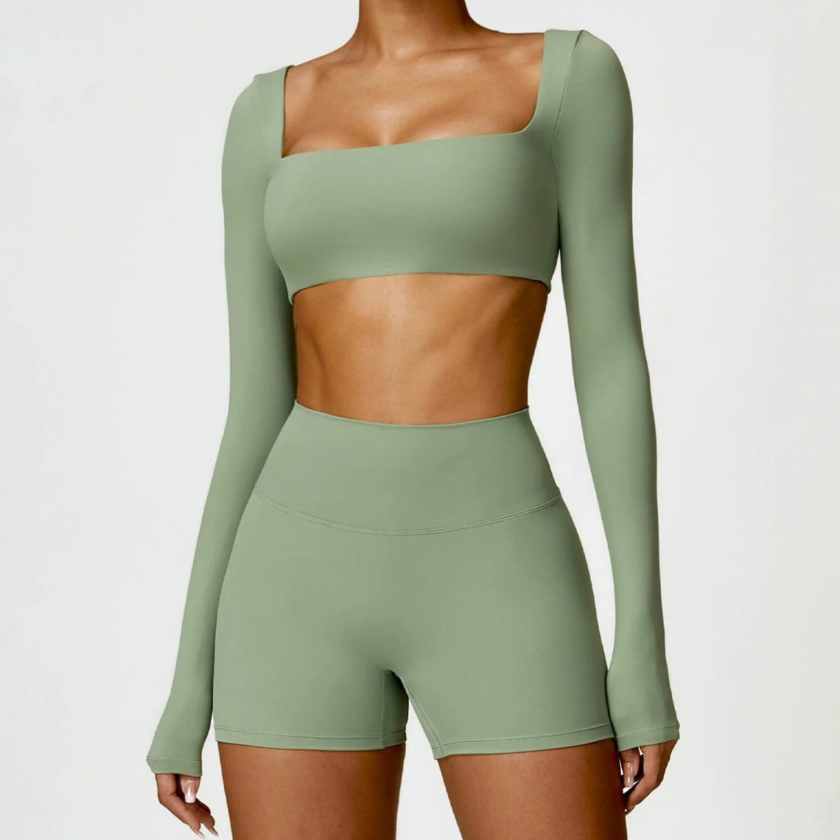 Showlu Women's Nude Feel Yoga Suit, high waist two-piece workout set with quick-drying fabric, ideal for running and fitness.