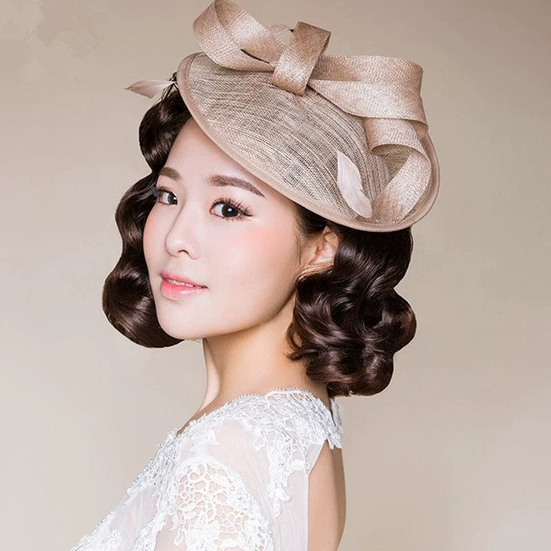 Luther Linen Flat-Top Banquet Cap with elegant bow, bridal topper hat, white linen fabric, for wedding or formal occasions