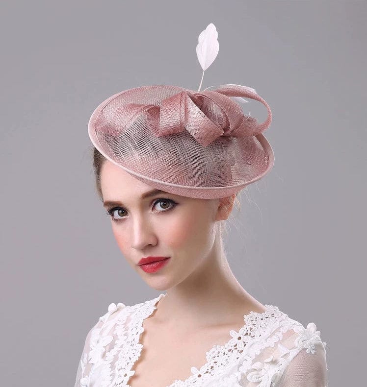 Luther Linen Flat-Top Banquet Cap with elegant bow design, bridal topper hat in linen fabric, perfect for weddings and formal events.