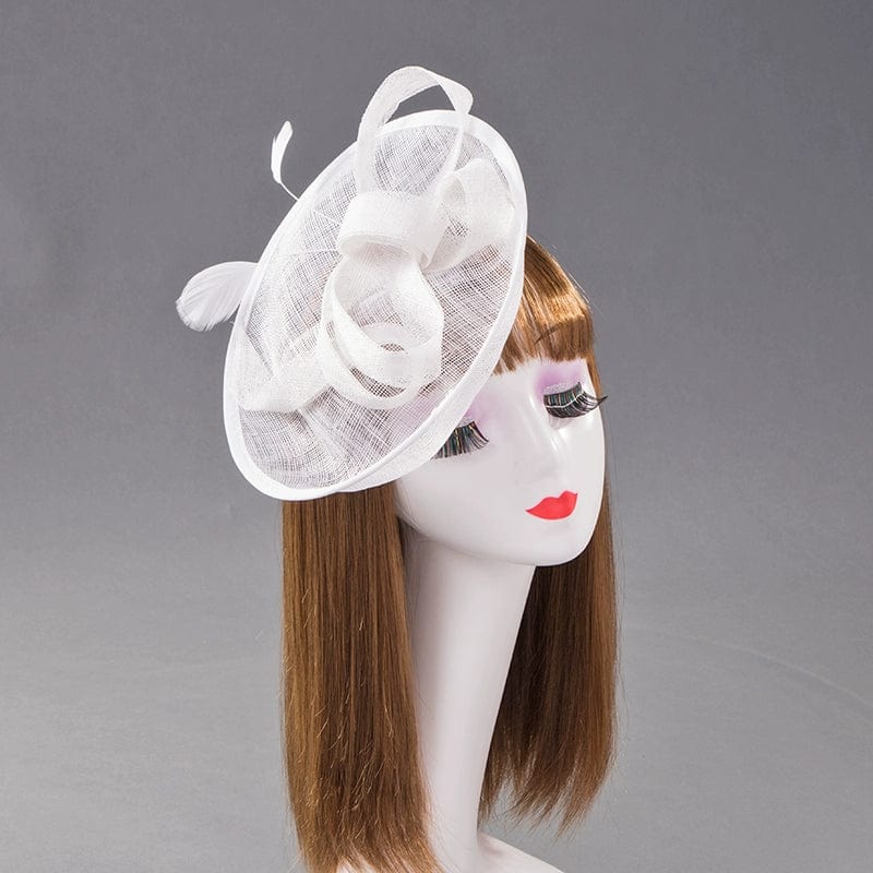 Luther Linen Flat-Top Banquet Cap with elegant bow, bridal topper hat in white linen for wedding or special occasions