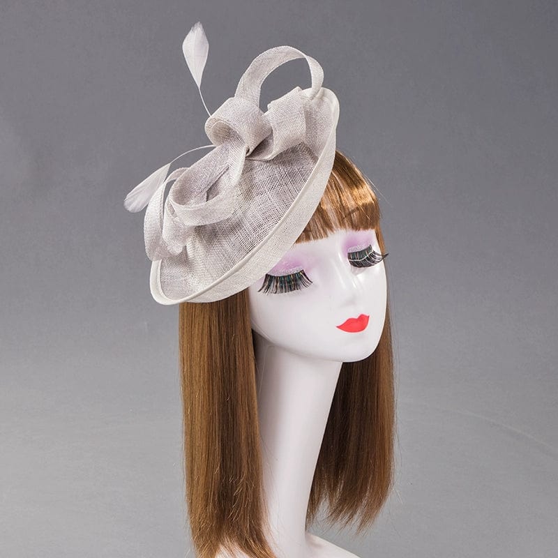 Luther Linen Flat-Top Banquet Cap with elegant bow, bridal topper hat, beige linen fabric, stylish and sophisticated for special occasions
